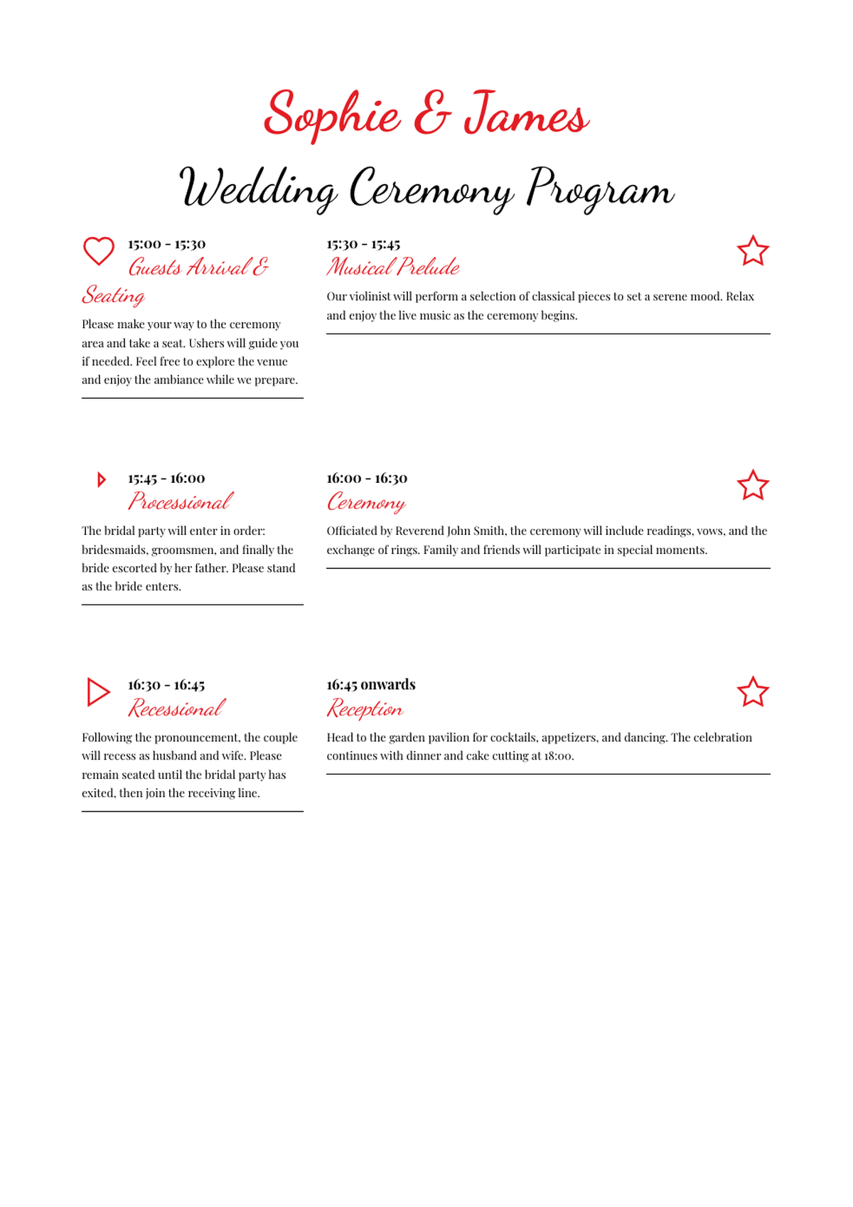 Sophie and James wedding program with red script and icons_variant_3
